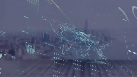 animation of interface with data processing against aerial view of cityscape