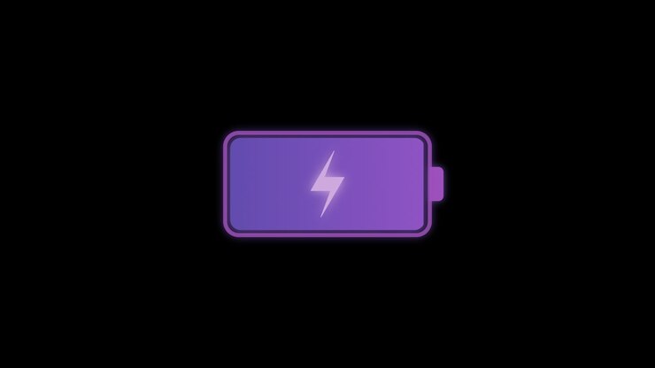 Animazione di ricarica batteria al neon viola su sfondo nero