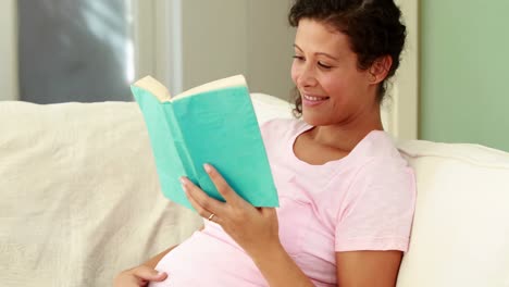 Mujer-Embarazada-Leyendo-En-El-Sofá