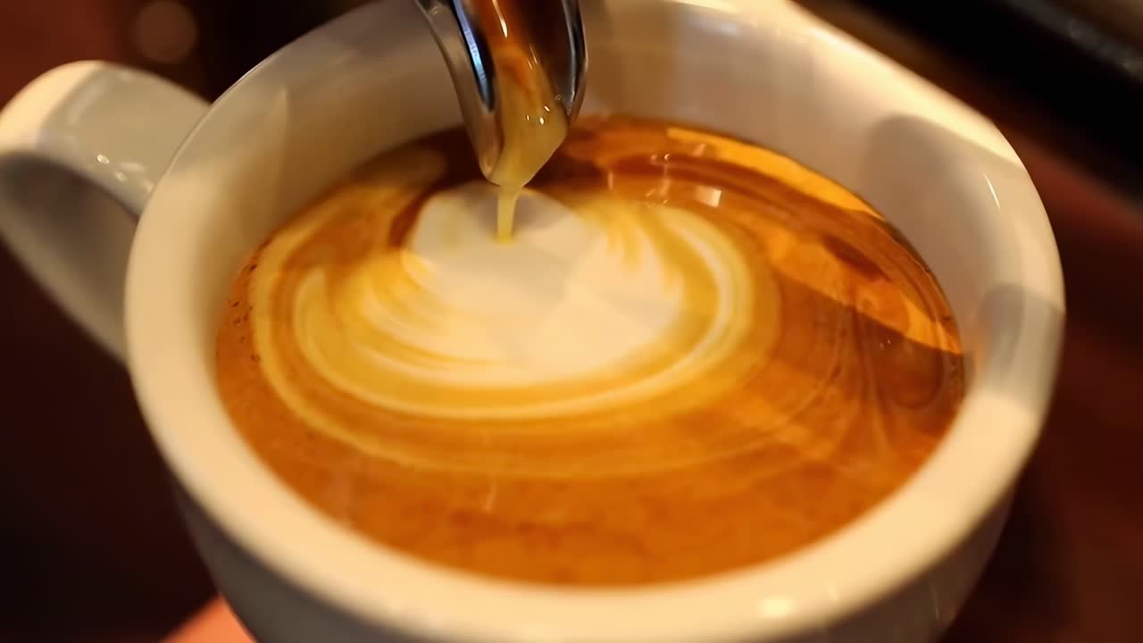 Video ravvicinato di caffè espresso che si versa in una tazza, che cattura ricchi vortici da un'angolazione dall'alto.