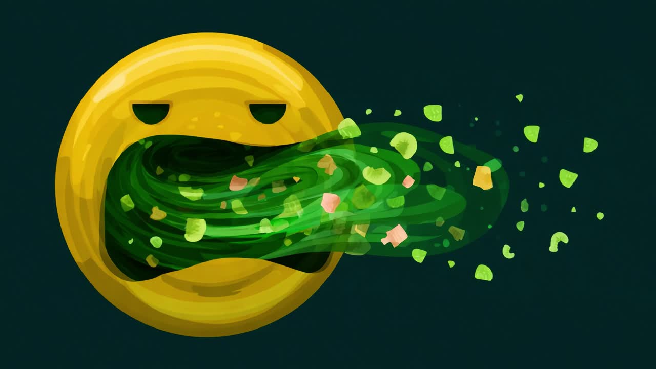 Whimsical Animated Face Expressing Disgust with Colorful Emanating Particles Capturing the Essence of Green Slime and Displeasure in a Cartoonish Style on Dark Background