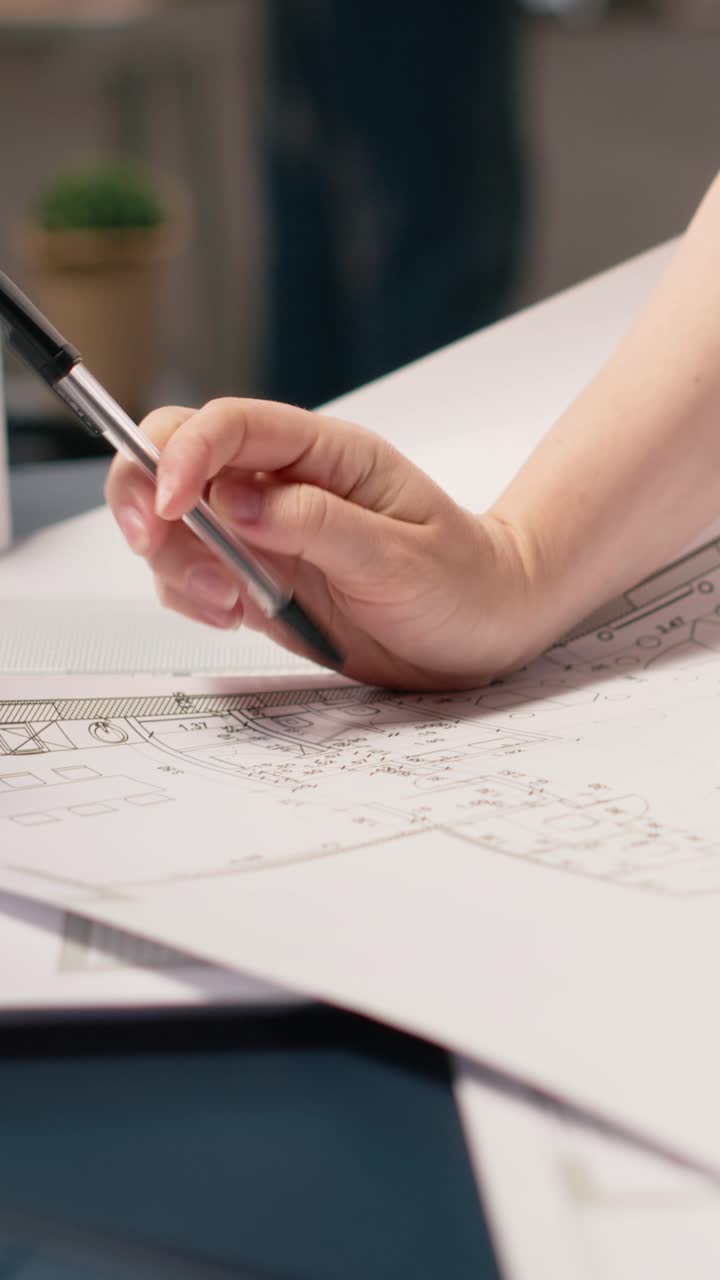 Vertical Video Close up of developer does city planning session with blueprints plan