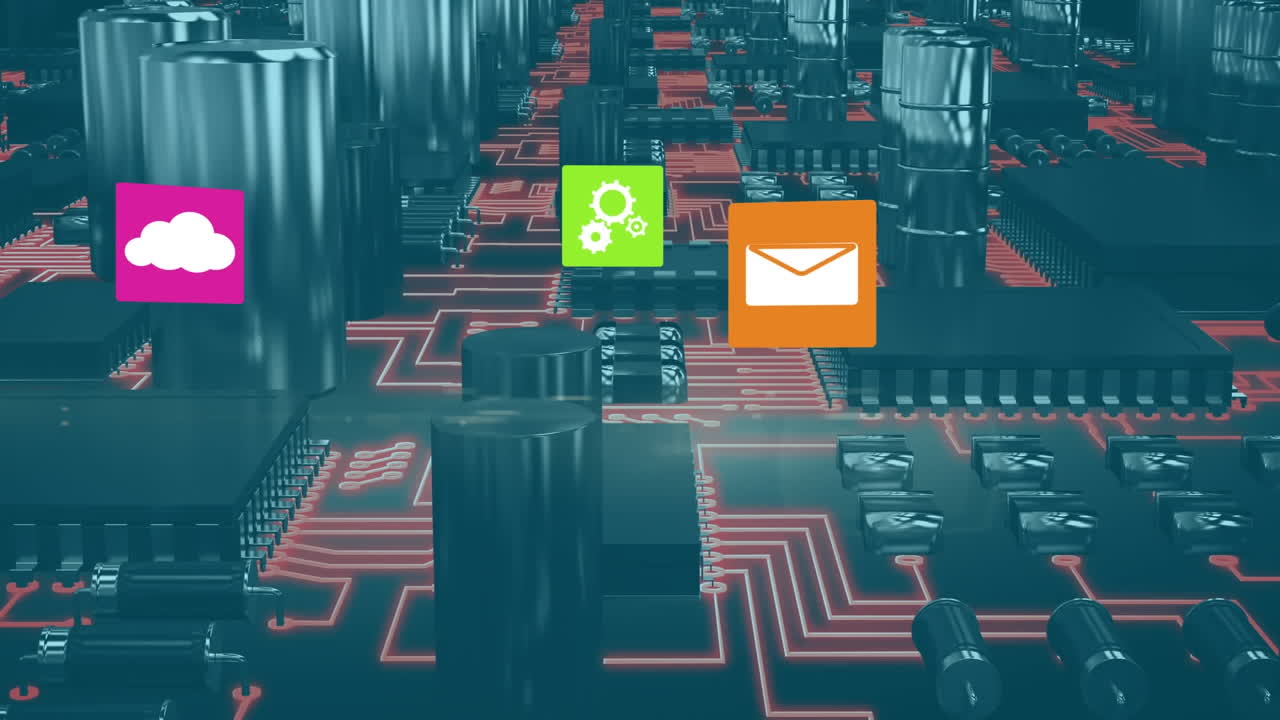 Animation of multiple digital icons against close up of a circuit board