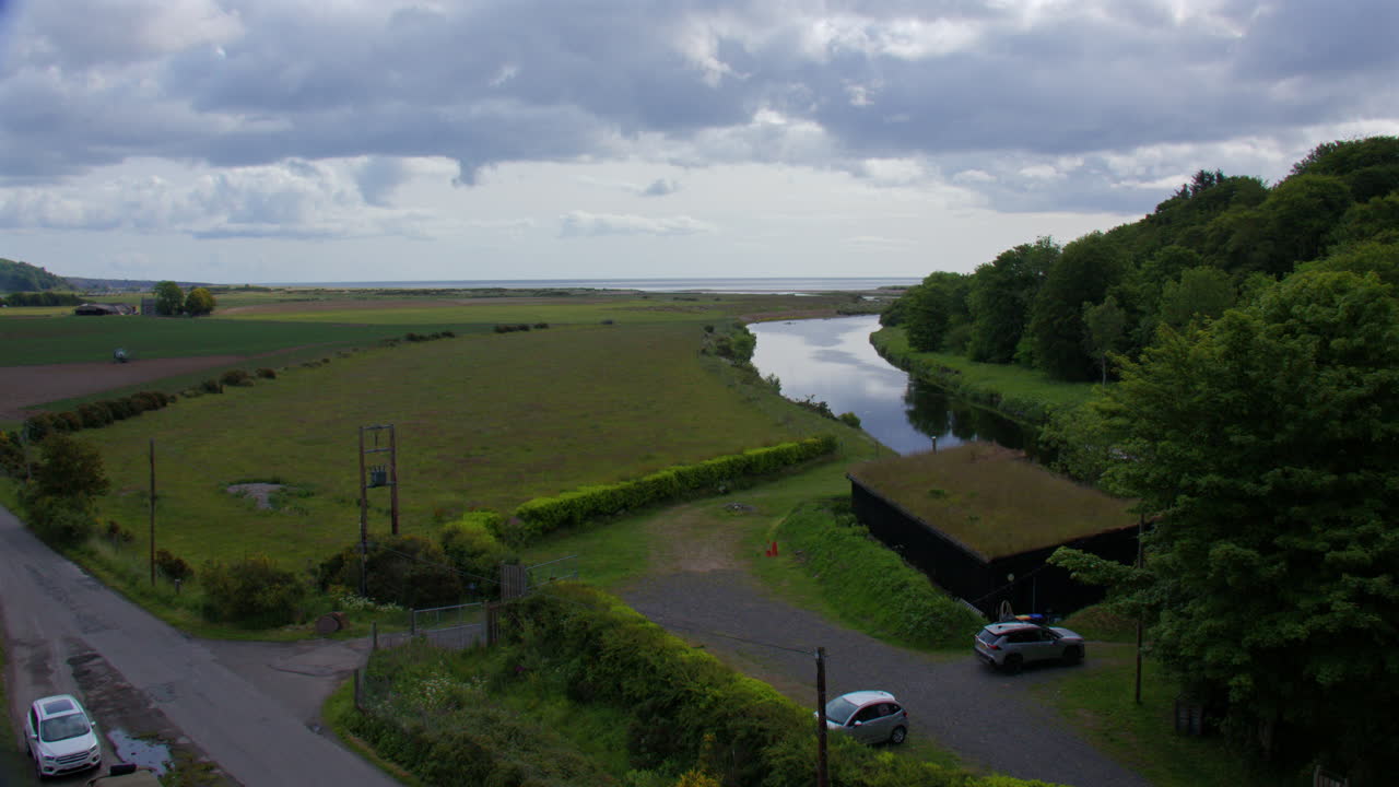 Extra wide shot of the river north Esk and the sea beyond