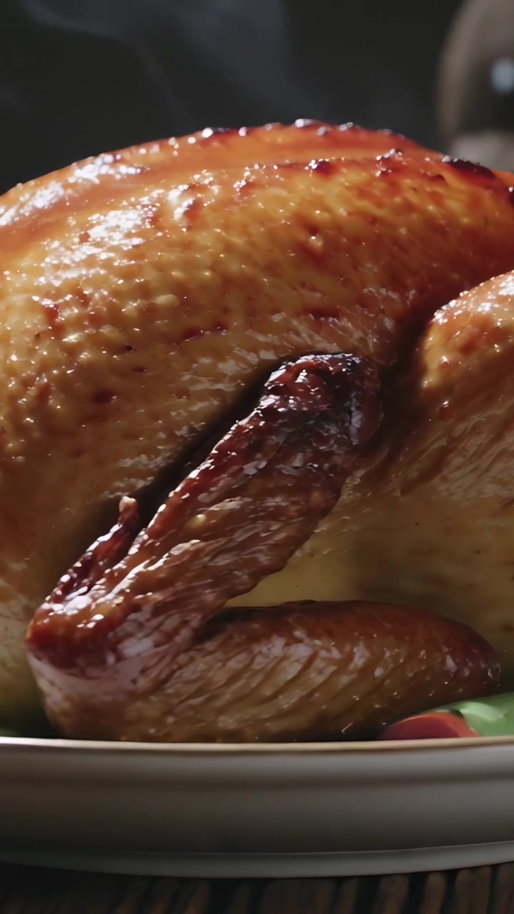Video verticale: La telecamera si sposta mostrando un arrosto glassato su un piatto, con vapore che sale e una superficie lucida.