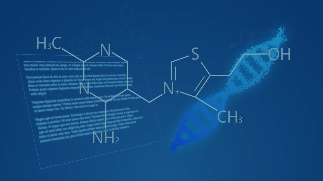 파란색 배경에 데이터 처리를 가진 화학 공식과 dna 줄무의 애니메이션