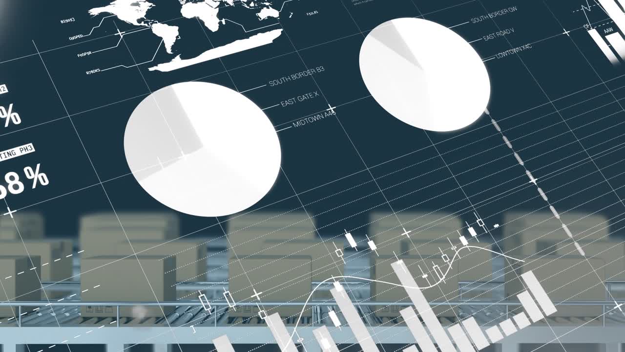 Animation of financial data processing and boxes over dark background