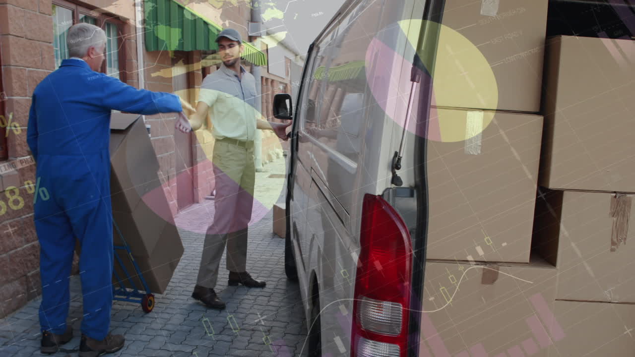 자동차에 상자를 포장하는 사람 위의 데이터 처리 애니메이션