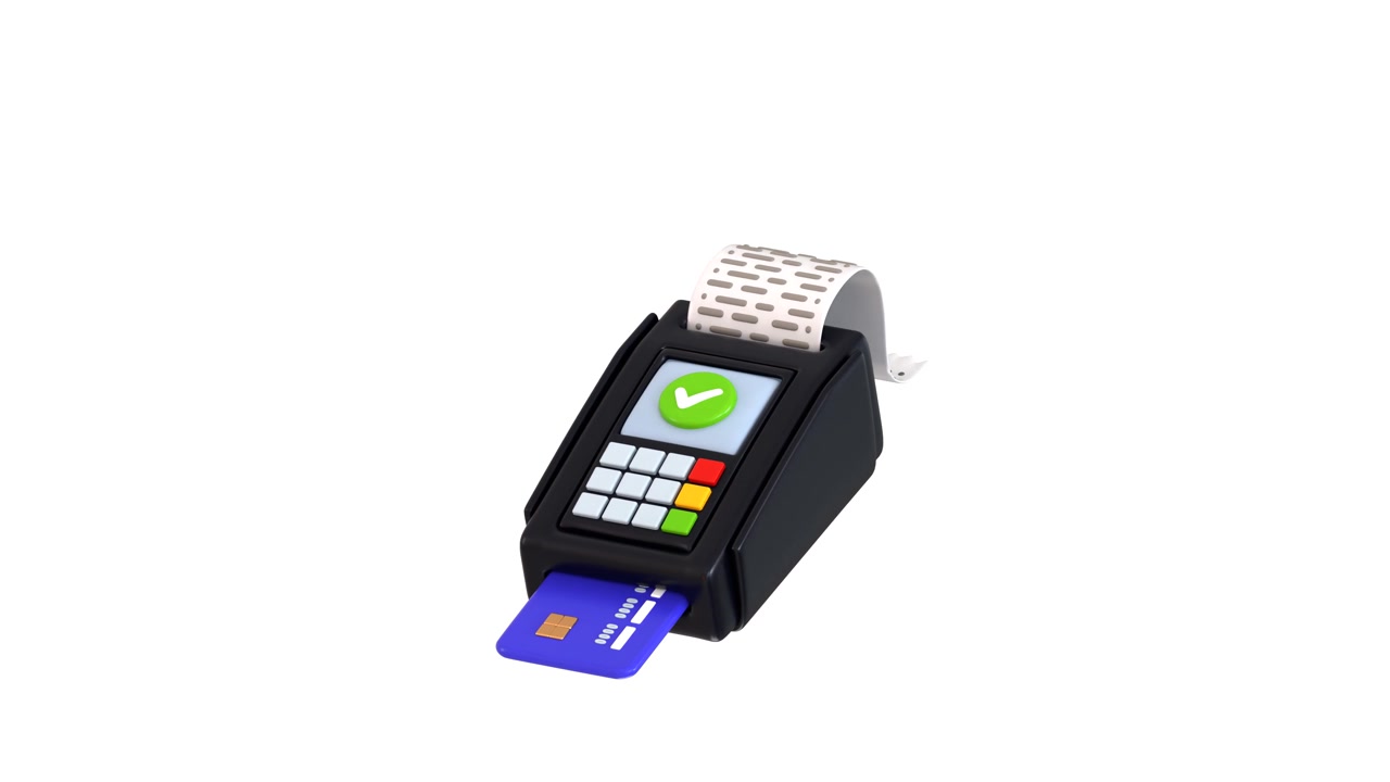 3D Render of Credit Card Payment Terminal with Success Checkmark