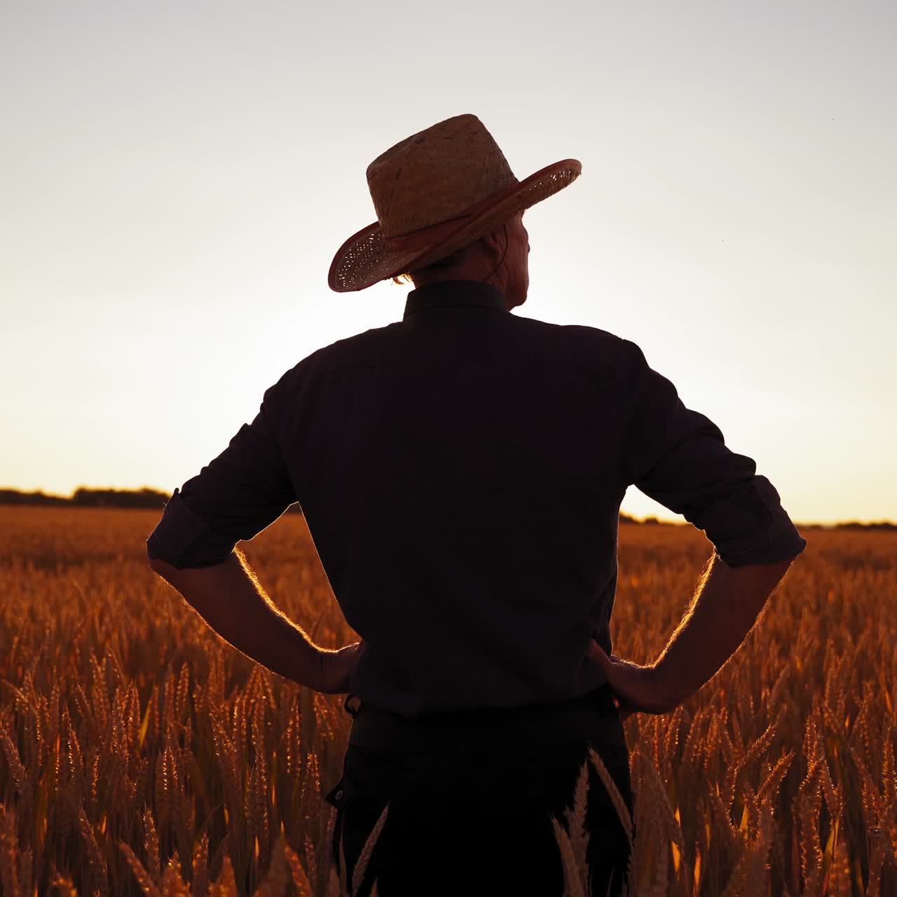 Male farmer in field at sunset. Back view of a man in hat walking in the agricultural field with ripe spikelets against the setting sun.