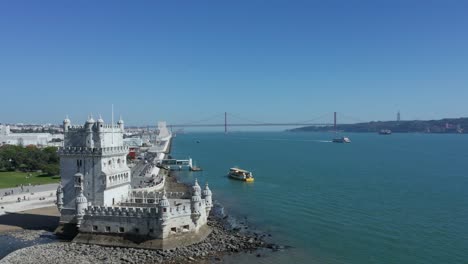 aerial drone shot if the belem tower and tagus river in lisbon, portugal