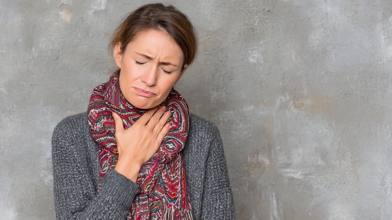 Mujer experimentando malestar mientras se toca la garganta, ilustrando señales de dificultad respiratoria o reacción alérgica en un entorno gris