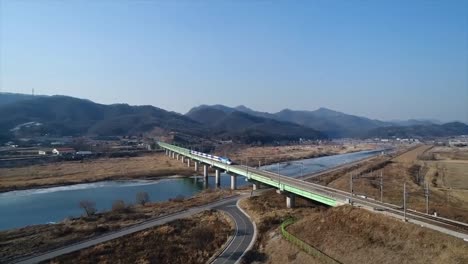 high speed train passing from a bridge over a river with blue water and mountains in the background