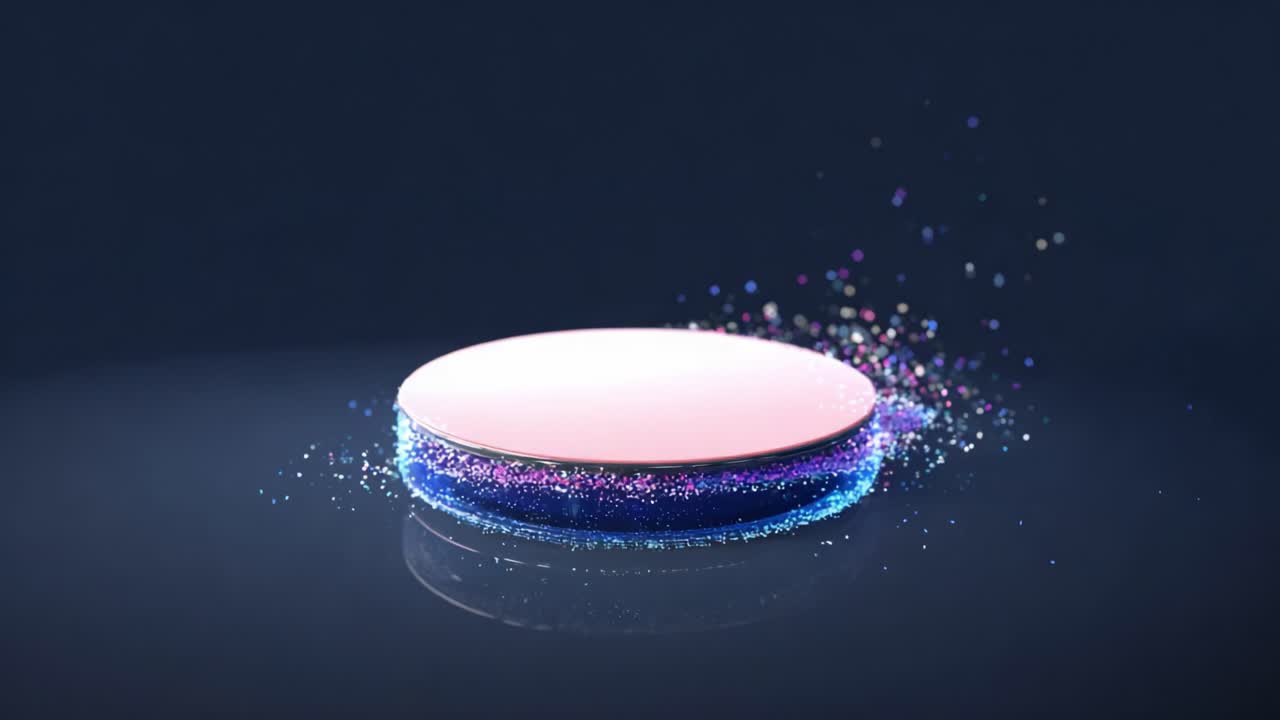 A mesmerizing visual of sparkling particles emanating from a circular platform, showcasing an enchanting blend of colors and light effects that create an atmosphere of magic and wonder