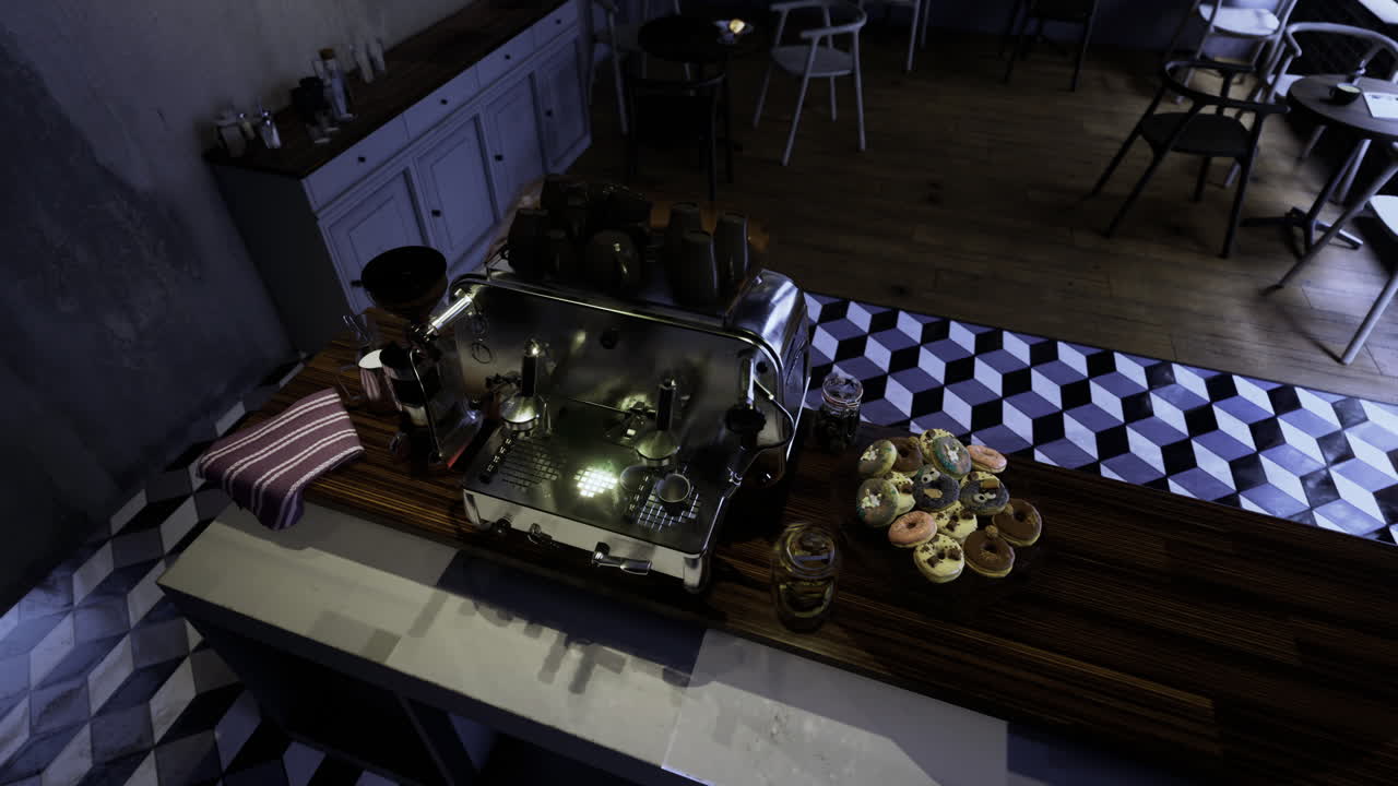 Cozy coffee shop interior featuring brewing equipment and pastries