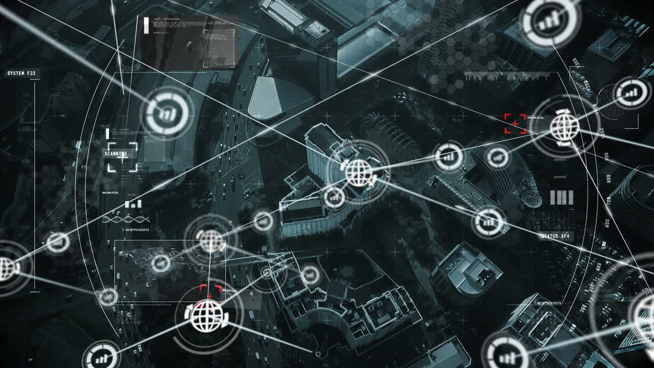 연결 네트워크의 애니메이션과 도시 풍경에 대한 범위 스캔