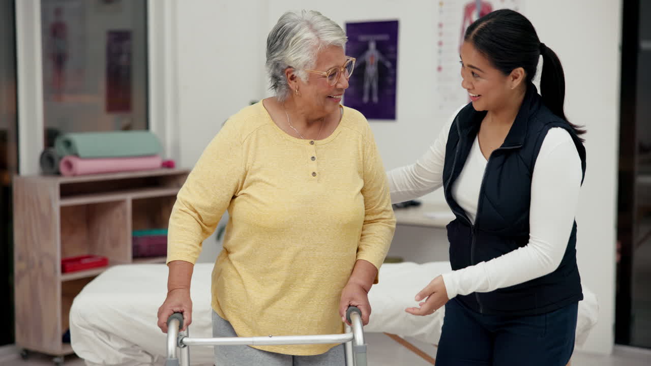 Elderly woman receiving physical therapy with walker