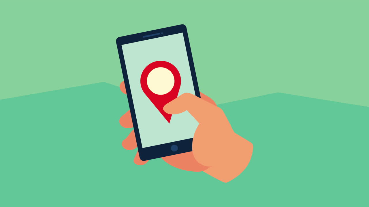 la mano del usuario con el teléfono inteligente y la ubicación del pin