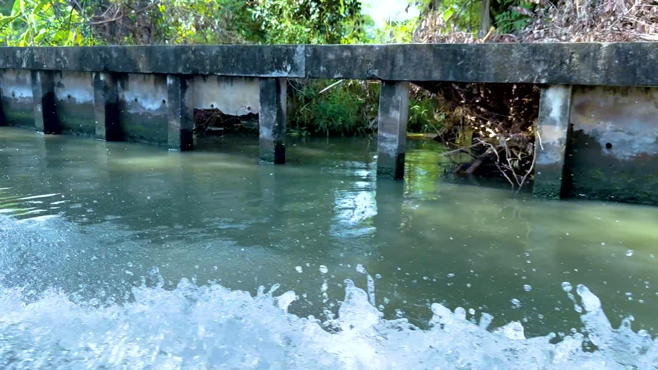 A dynamic boat journey along a Bangkok canal, showcasing splashing water and lush greenery under bright daylight
