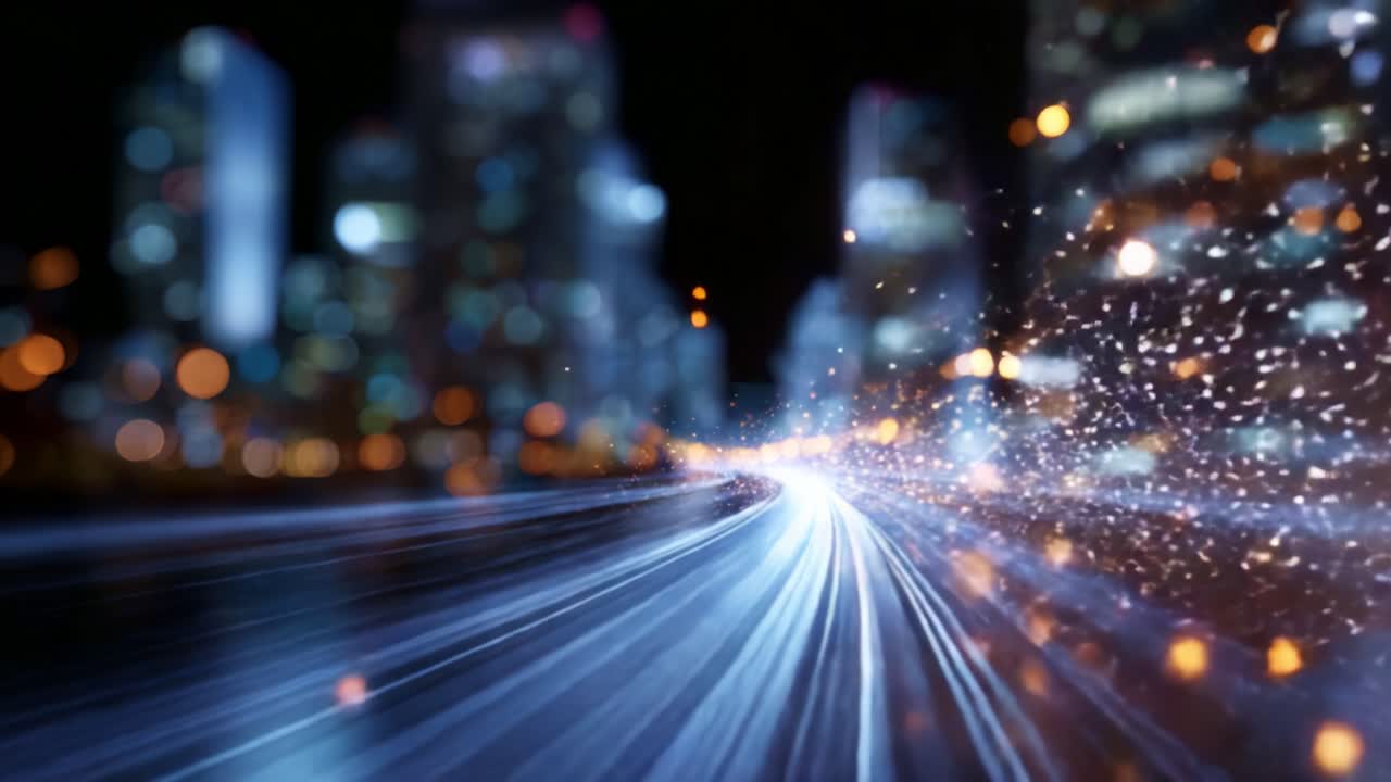 Effetti di luce dinamici in movimento: un affascinante viaggio visivo attraverso un paesaggio urbano con straordinari scintillii e vivaci riflessi bokeh