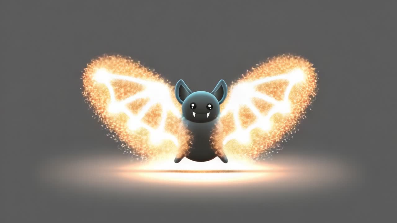 A whimsical digital bat character with glowing, magical wings transitions from vibrant blue to a warm golden aura, showcasing its enchanting transformation in a playful fantasy environment