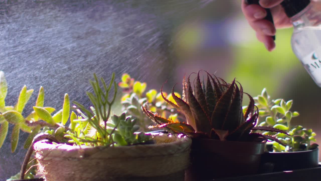 cerca, regando las suculentas caseras en macetas con botella de pulverización