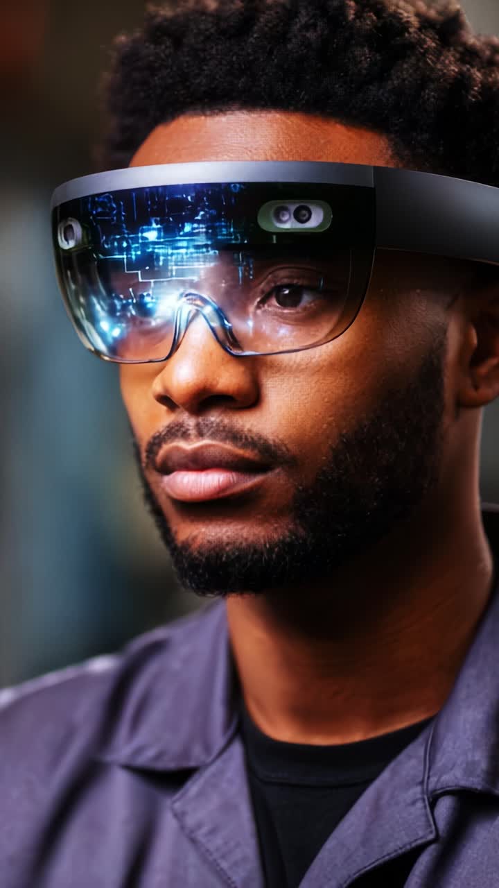 Una persona concentrata che indossa occhiali avanzati per la realtà aumentata, che mostra un'interfaccia futuristica, combinando tecnologia e interazione umana per esperienze coinvolgenti