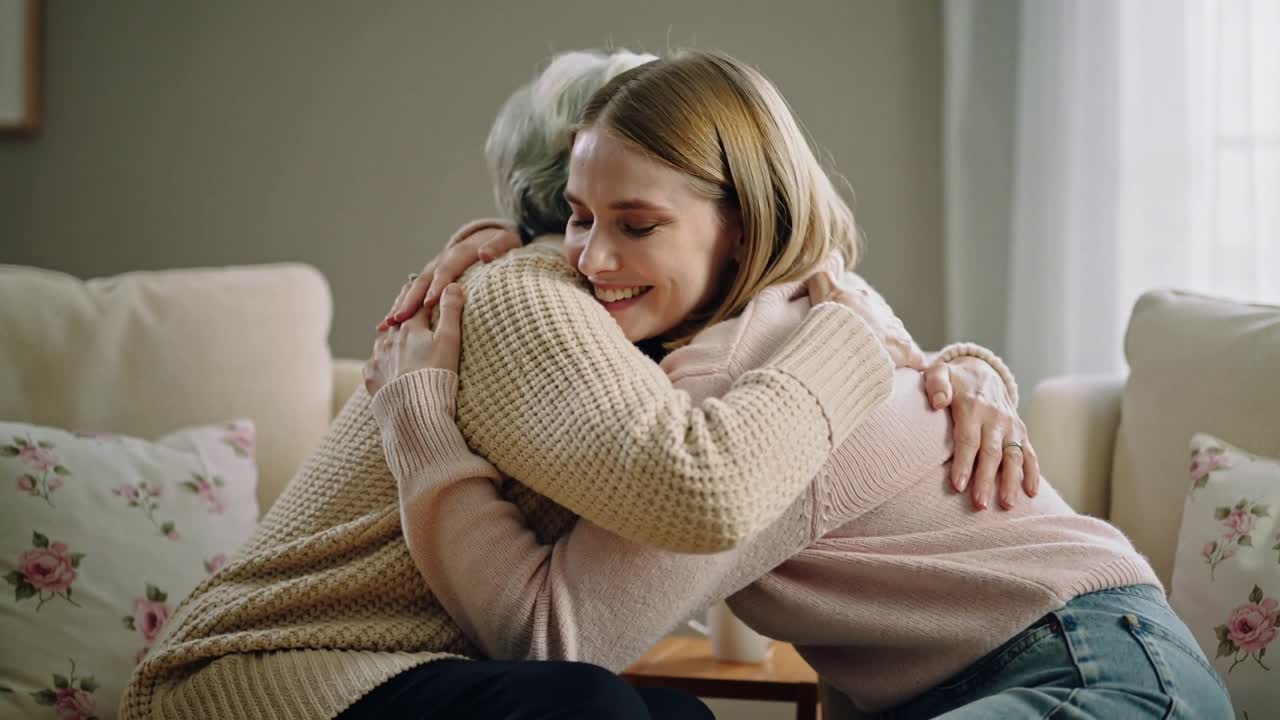 Madre che si volta e si allunga, figlia che si china e abbraccia sul divano, indossando capi in maglia e mostrando amore.