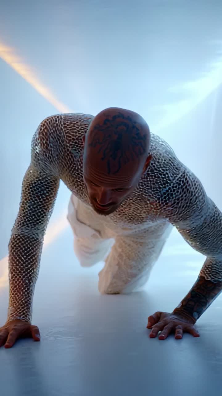 Dynamic Movement of a Character Encased in Iridescent Material, Showcasing Strength and Determination in a Visually Striking and Ethereal Environment