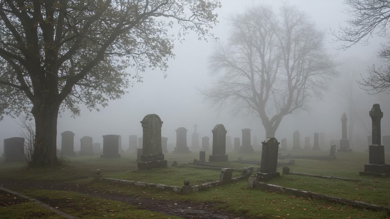 A Hauntingly Beautiful Cemetery Scene Enveloped in Mist: Silent Headstones and Shadows Underneath Gnarled Trees Create an Eerie Atmosphere