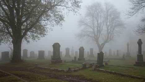 a hauntingly beautiful cemetery scene enveloped in mist: silent headstones and shadows underneath gnarled trees create an eerie atmosphere