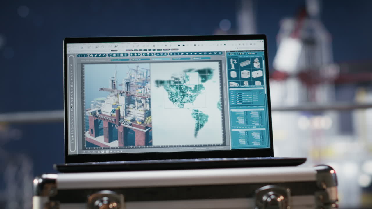 Laptop screen shows visualization monitoring software on empty offshore platform