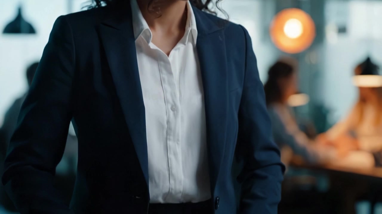 Professionista concentrato in abbigliamento da lavoro, impegnato in un ambiente collaborativo, che mostra fiducia e determinazione in un contesto di lavoro moderno