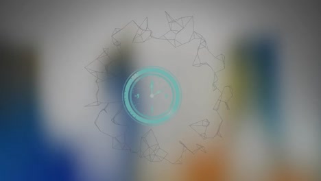 Animation-of-clock-with-moving-hands-over-rotating-network-ring-on-blurred-background