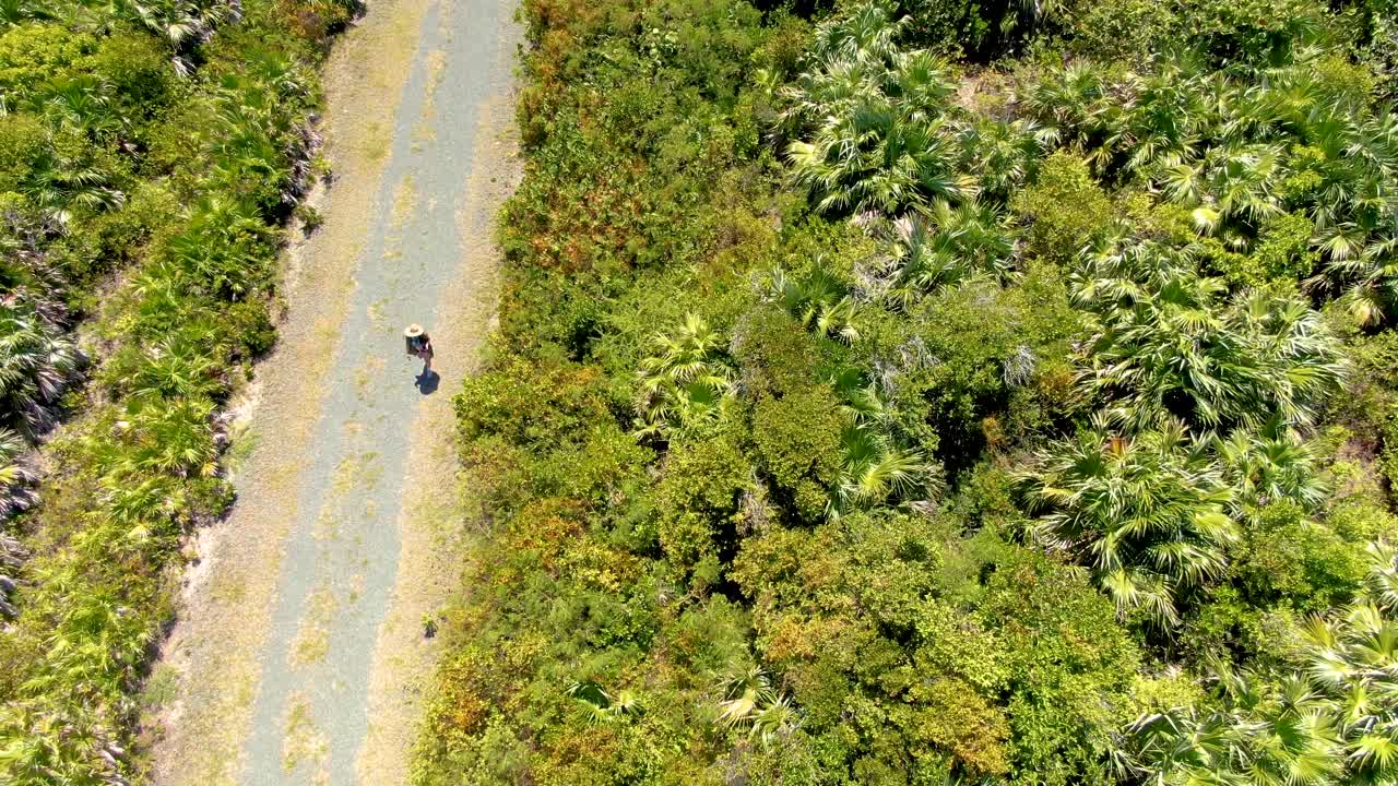 Unrecognizable person walking on gravel road returning from Puerto Ferro Light. Aerial