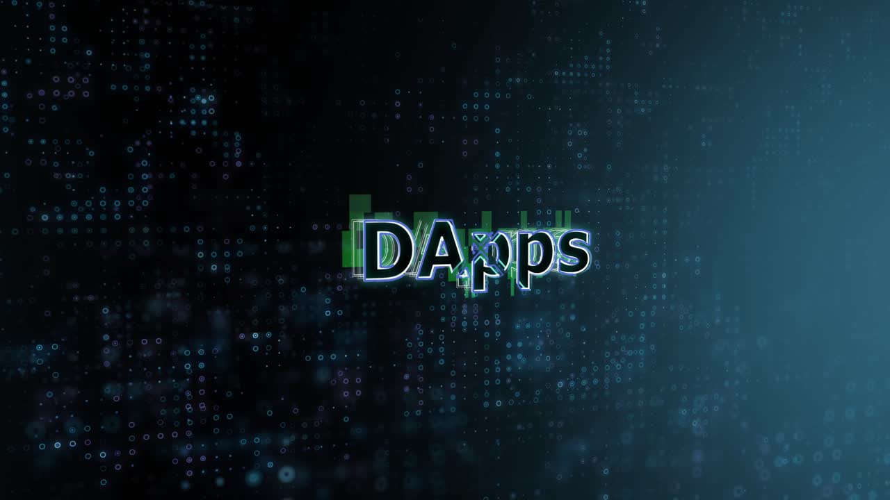 el texto del concepto de dapps revela animación con fondo de tecnología digital abstracta representación 3d para blockchain, metaverso, criptomoneda
