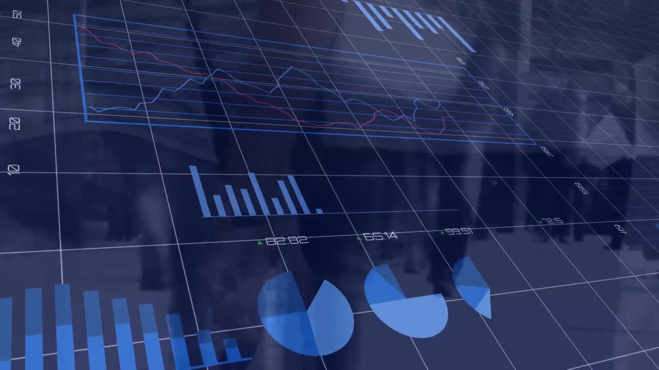 animación del procesamiento de datos financieros sobre personas que caminan