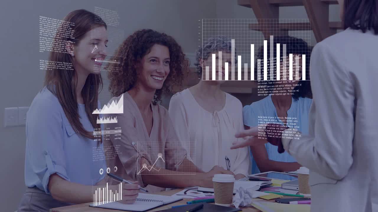 Business presenter gesturing at table showing charts and map as team jotting notes for insights