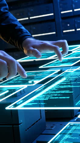 hands interacting with futuristic holographic data interface