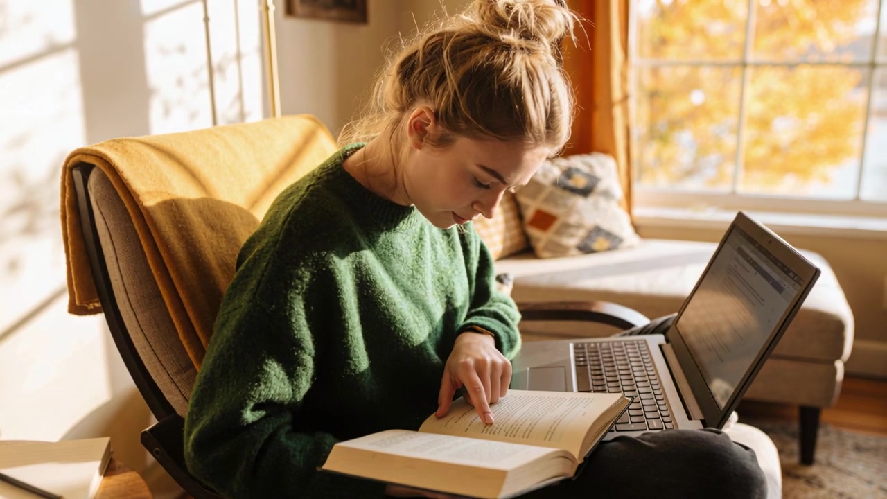 Leaning woman in green sweater following book lines with finger at home, noticing laptop research
