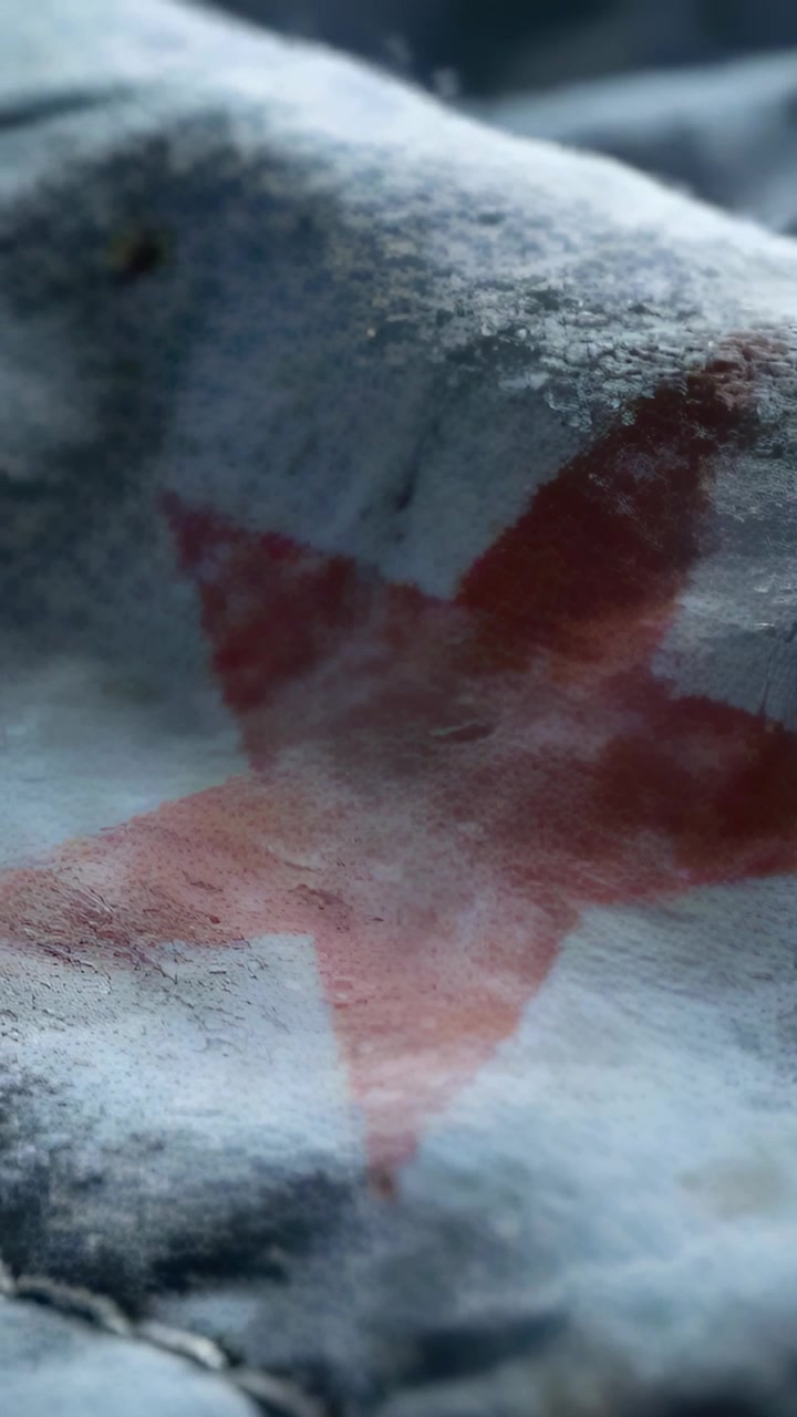Vertical video: Shifting camera revealing faded red star on blue-gray textile, showing seam, lint