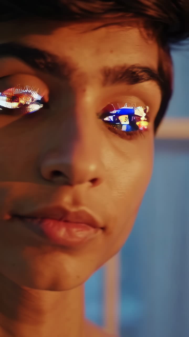 Close-up portrait of a woman with colorful makeup and lighting