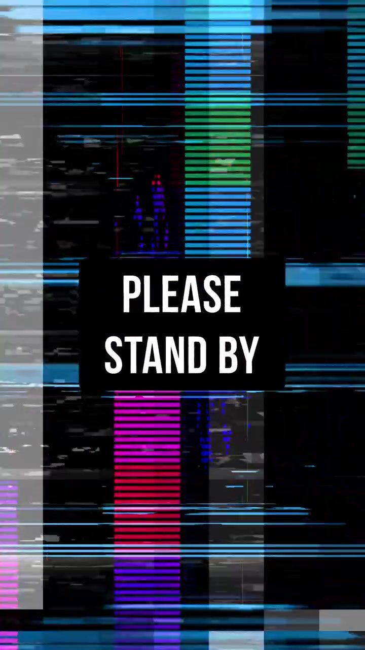 Digital glitch-effekt med tekstoverlejring "Vent venligst"