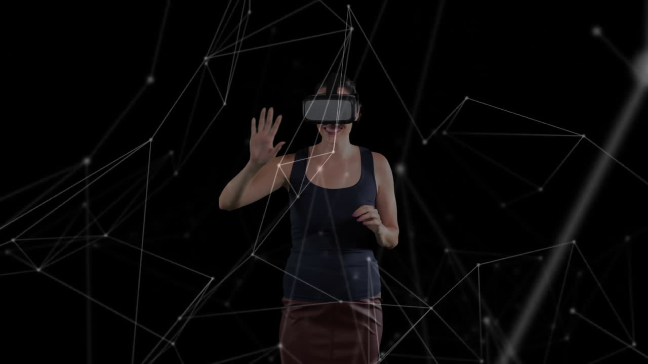 Using virtual reality headset, person experiencing animation with digital network connections