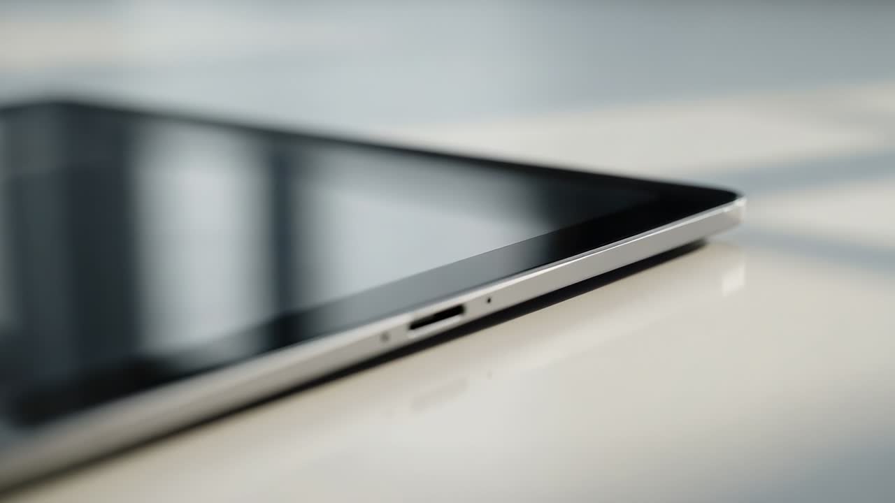 Highlighting tablet showing thin bezel, charging port and pinhole on glossy tabletop, window light