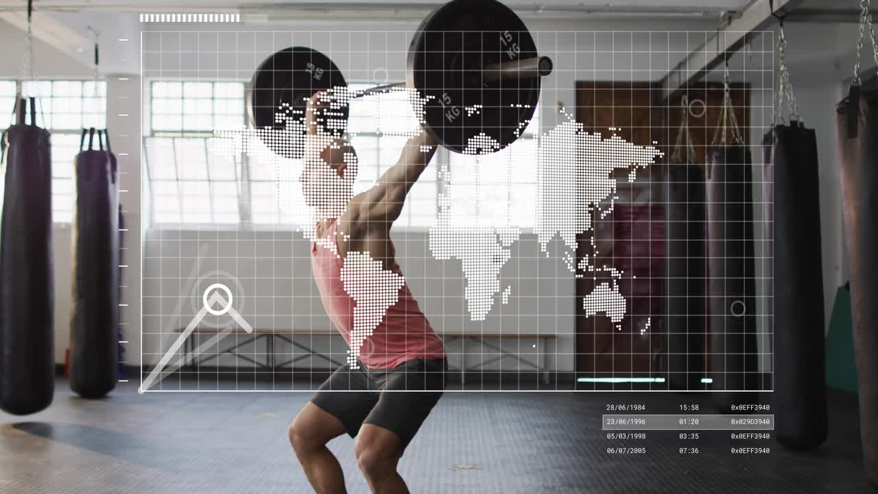 Male athlete driving hips and lifting loaded barbell overhead for fitness, HUD graph aligning