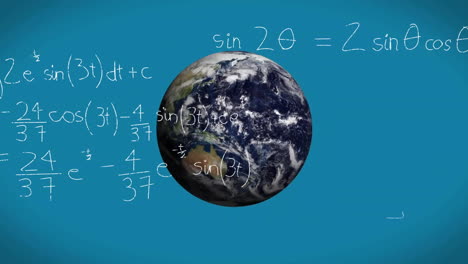 Animación-Del-Globo-Con-Procesamiento-De-Datos-Matemáticos-Sobre-Fondo-Azul