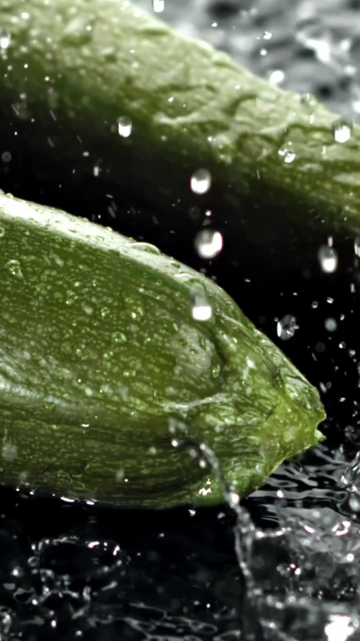 Primo piano di zucchina verde fresca con schizzi d'acqua