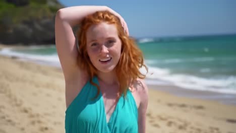 joyful moments on the beach: a young woman in a flowing dress embraces the warmth of sunlight and gentle breezes by the shoreline, capturing pure happiness