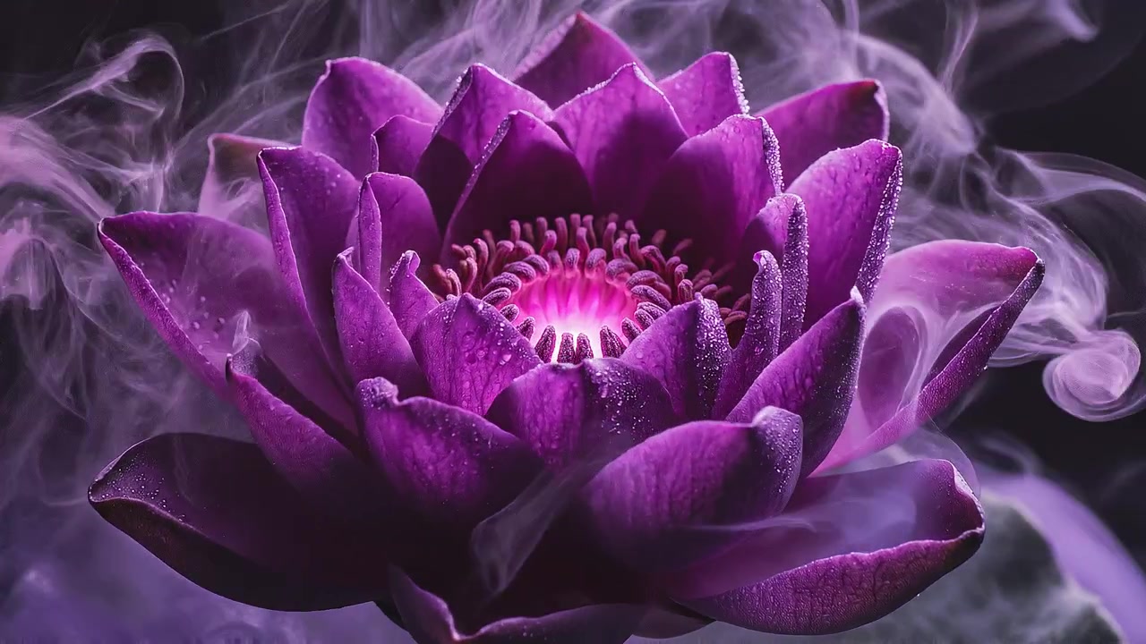 Mystisk lilla lotusblomst indhyllet i æterisk røg og tåge
